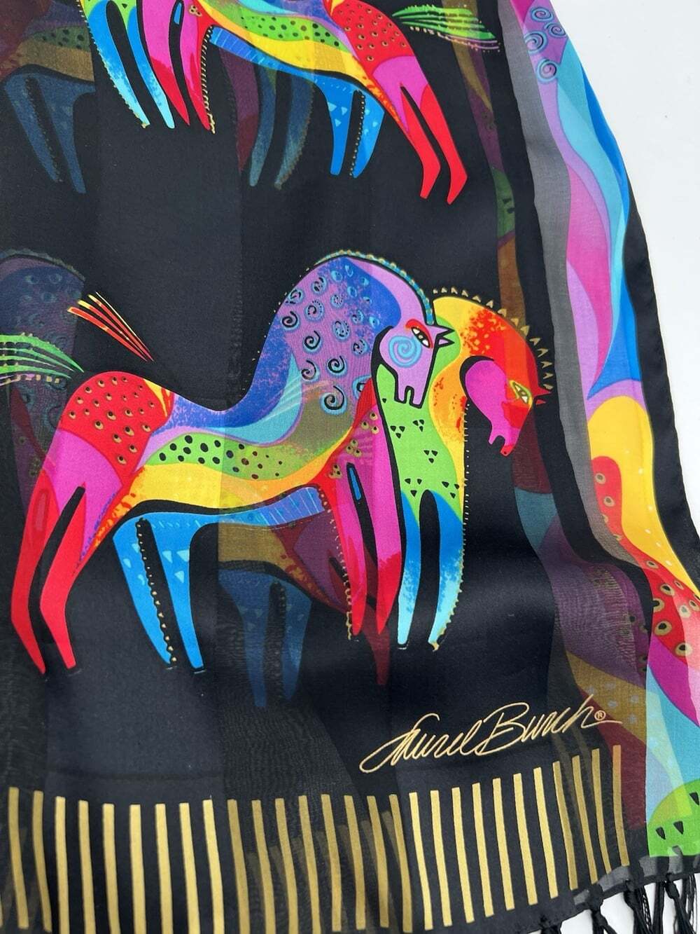 Laurel Burch Silk Scarf Signed Colorful Horses Black Long Fringe 54x11 Vintage - Picture 4 of 6
